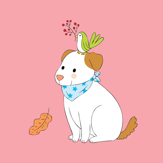 Vector cartoon cute autumn dog and bird vector.