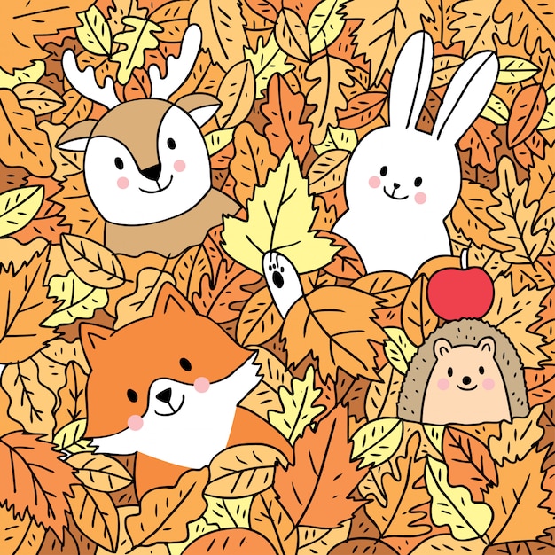 Cartoon cute autumn, fox and deer and rabbit and hedgehog in leave vector.