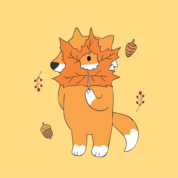 Cartoon cute Autumn fox and leaves vector.