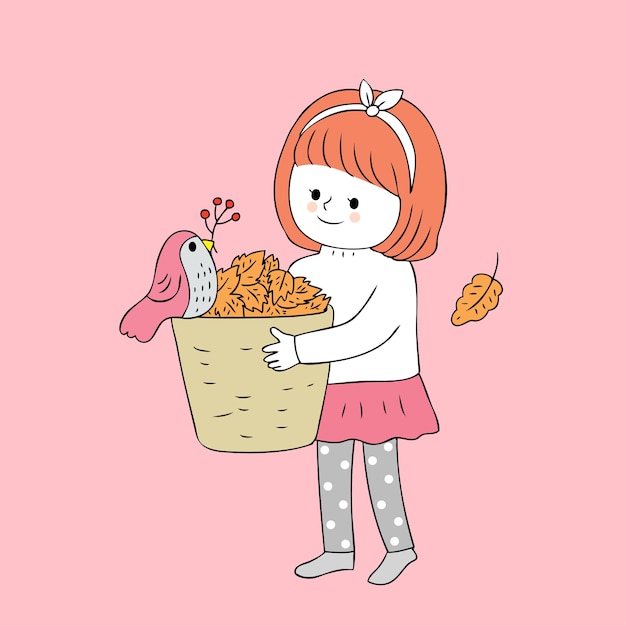 Cartoon cute autumn girl and bird vector.