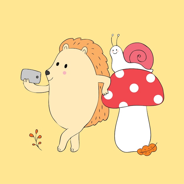 Cartoon cute Autumn hedgehog and snail vector.