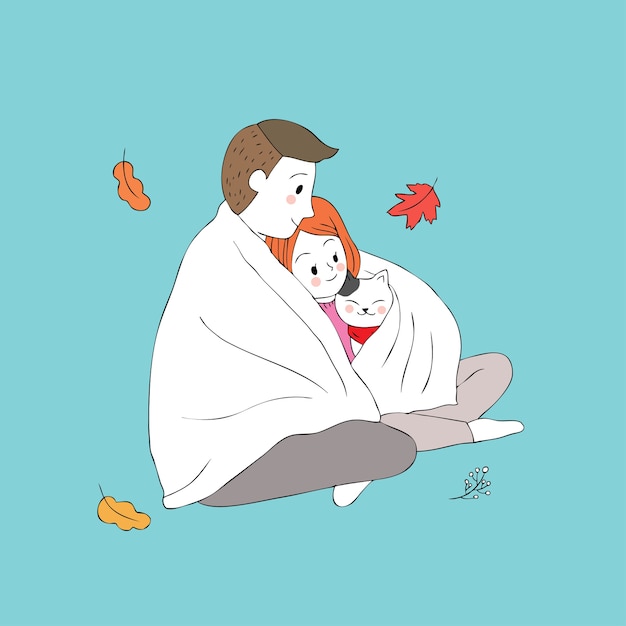 Cartoon cute Autumn man and woman hug cat vector.