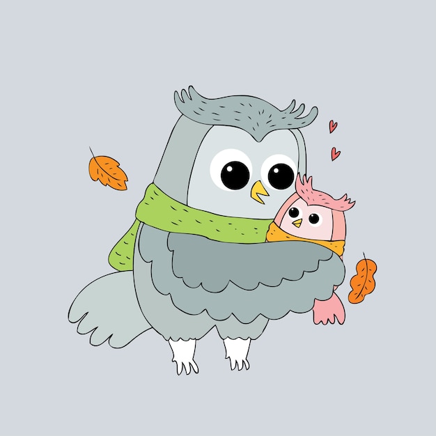 Vector cartoon cute autumn owls hugging vector.