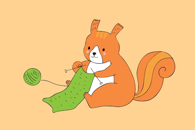 Vector cartoon cute autumn squirrel knitting vector.