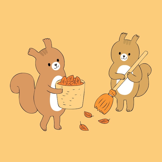 Cartoon cute Autumn squirrels sweeping vector.