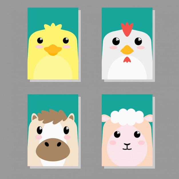 Cartoon cute baby animal icon set card