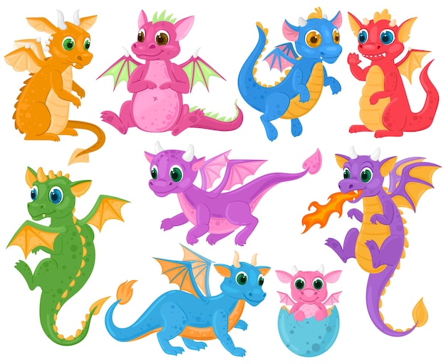 Cartoon cute baby fairytale fantasy dragons characters. medieval creatures dragon kids, fairytale legends dino babies vector illustration set. little cartoon dragons medieval, mythological animals