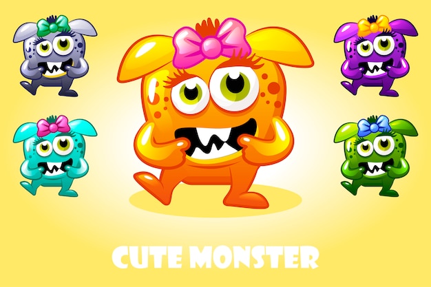 Cartoon cute baby monster in different colors, funny character set