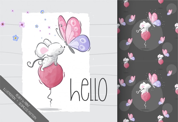 Cartoon cute baby mouse with butterfly seamless pattern