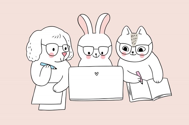 Vector cartoon cute back to school animals working homework 