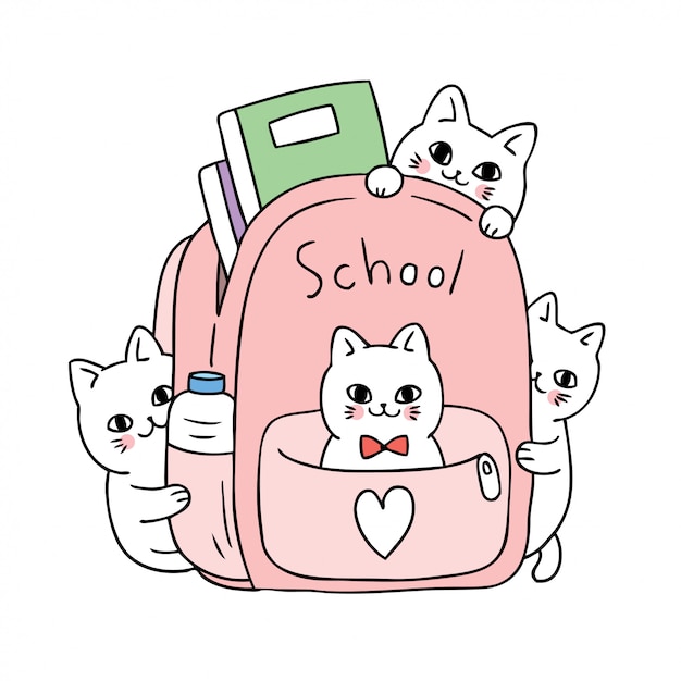 Cartoon cute back to school cat in bag