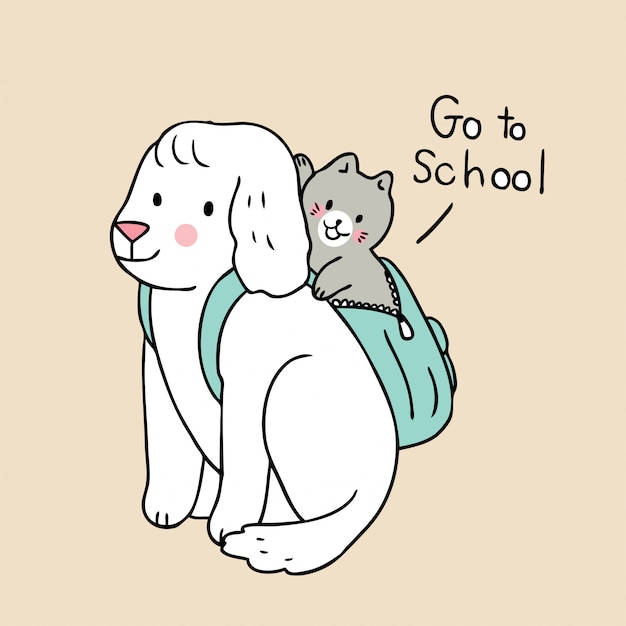 Cartoon cute back to school cat and dog go to school 