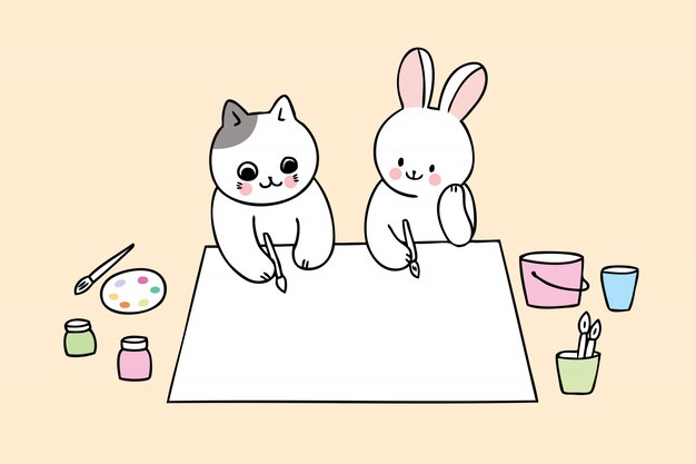 Vector cartoon cute back to school cat and rabbit in art class 