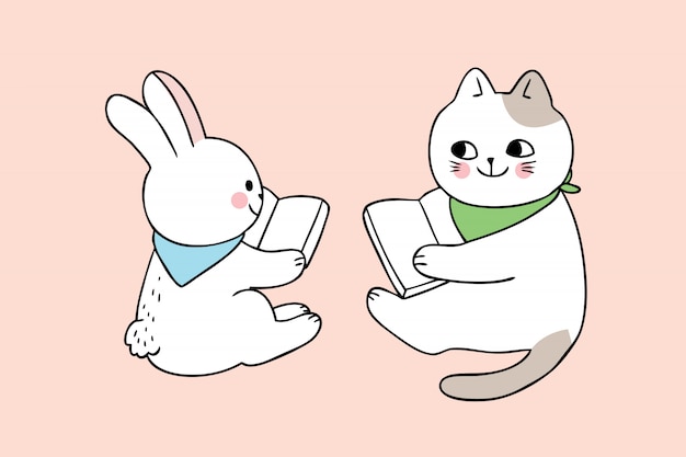 Мультфильм милый обратно в школу кота, читая книгу.