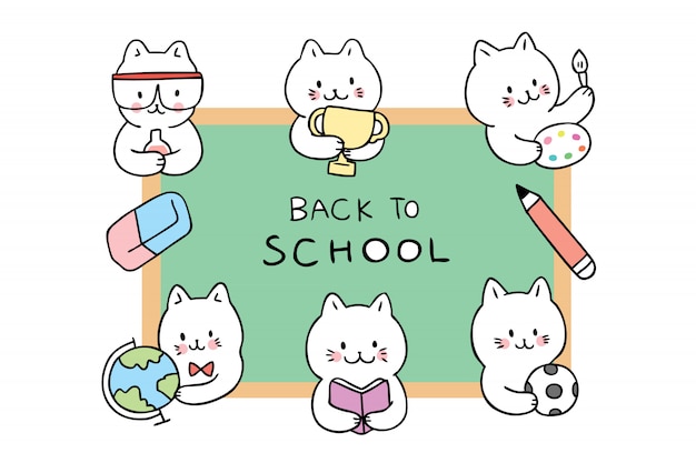 Cartoon cute back to school cats in classroom   