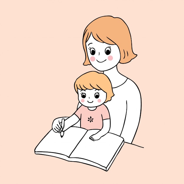 Cartoon cute back to school mother and baby writing   