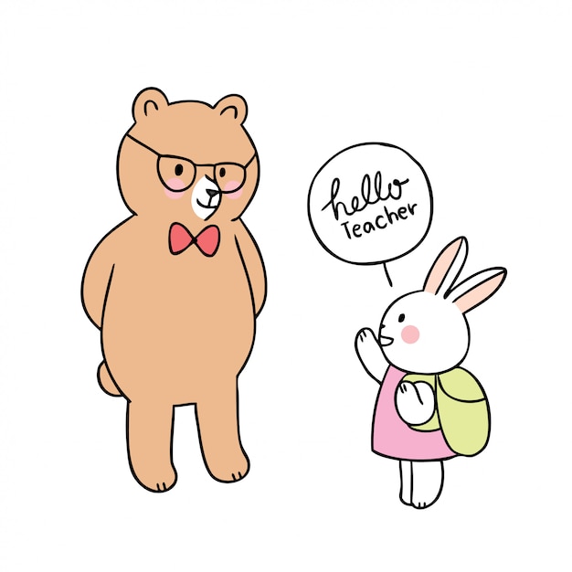 Cartoon cute back to school teacher bear and rabbit