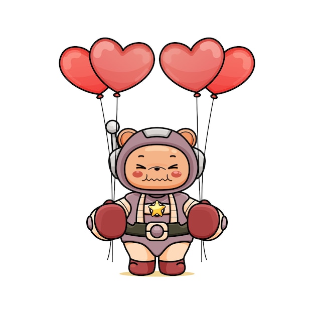 Мультяшный милый медведь в костюме космонавта держит в руках два воздушных шара любви