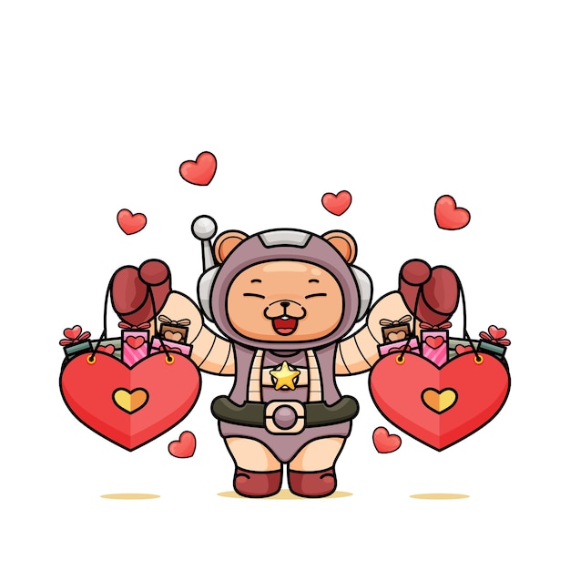 Cartone animato simpatico orso in costume da astronauta in stile kawaii che tiene la borsa della spesa del cuore in entrambe le mani