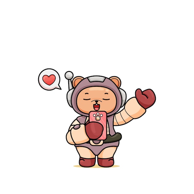 Cartoon cute bear in astronaut costume in kawaii style holding smartphone and greeting