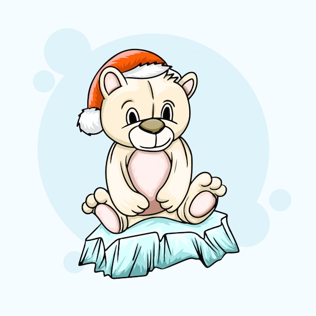 Cartoon cute bear sit on ice berg hand drawn illustration