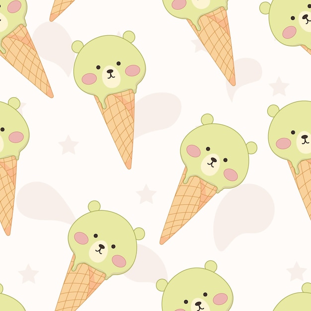 Cartoon Cute bears ice cream in a waffle seamless pattern. Kawaii Asian food background.