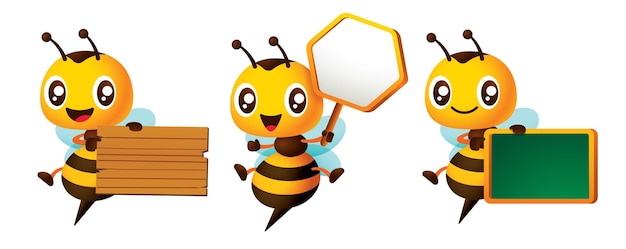 Vector cartoon cute bee carries wooden honeycombshaped signboard and blackboard vector character mascot