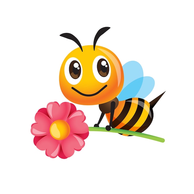 Vector cartoon cute bee carrying big flower