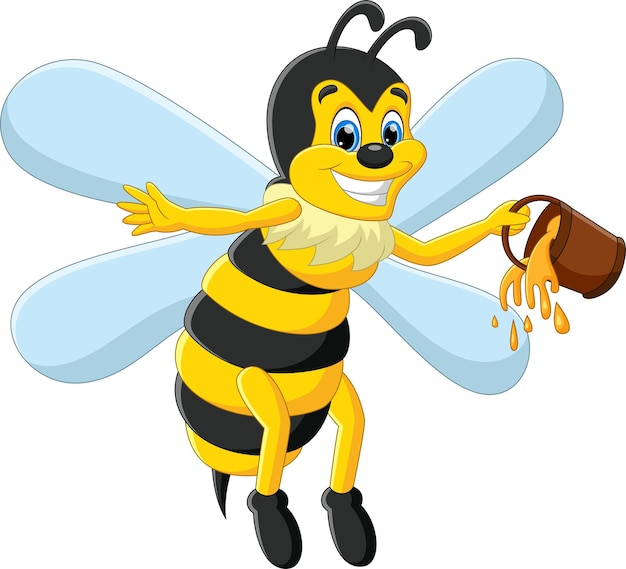 Cartoon cute bee carrying honey in a bucket