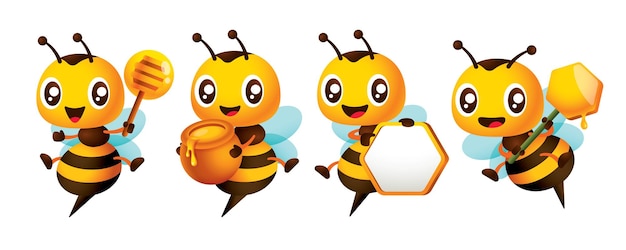 Серия мультяшных милых пчел с набором векторных поз в различных позах