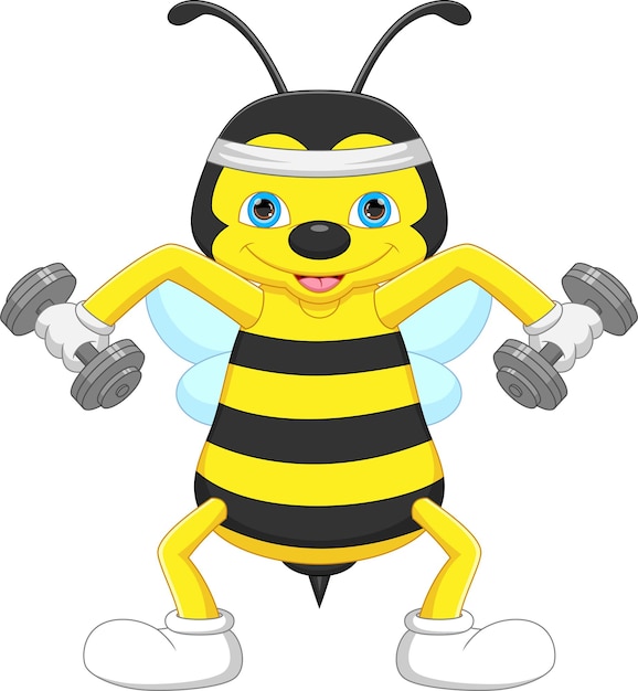 cartoon cute bee exercise with dumbbells