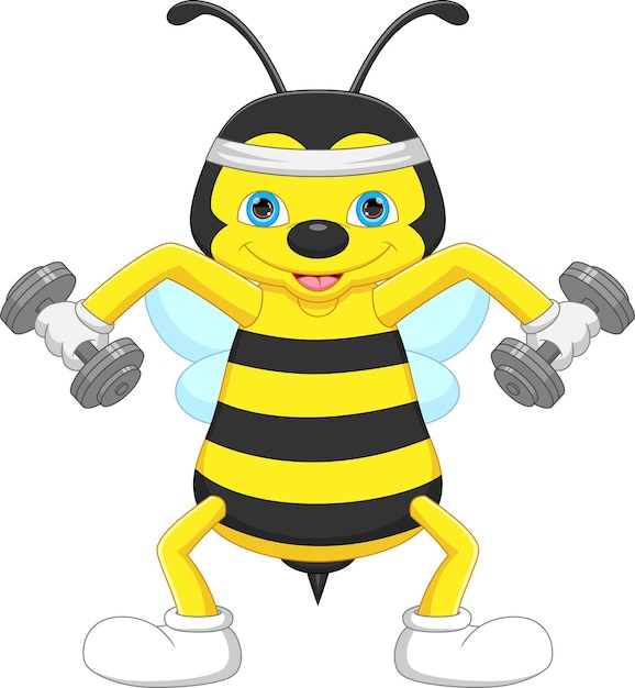 Cartoon cute bee exercise with dumbbells