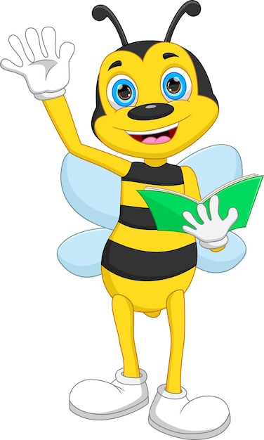 Cartoon cute bee holding book on white background