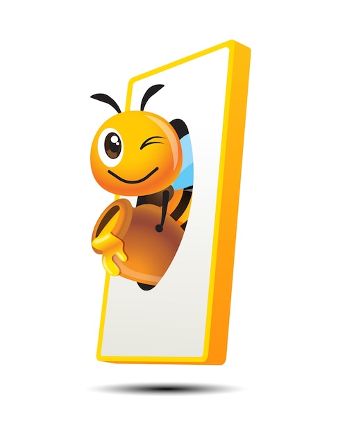 Vector cartoon cute bee holds honey pot flying out from mobile screen vector illustration