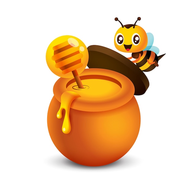 Мультяшная милая пчела открывает крышку горшочка с медом с медовым ковшом, опускающимся в натуральный горшок с медом