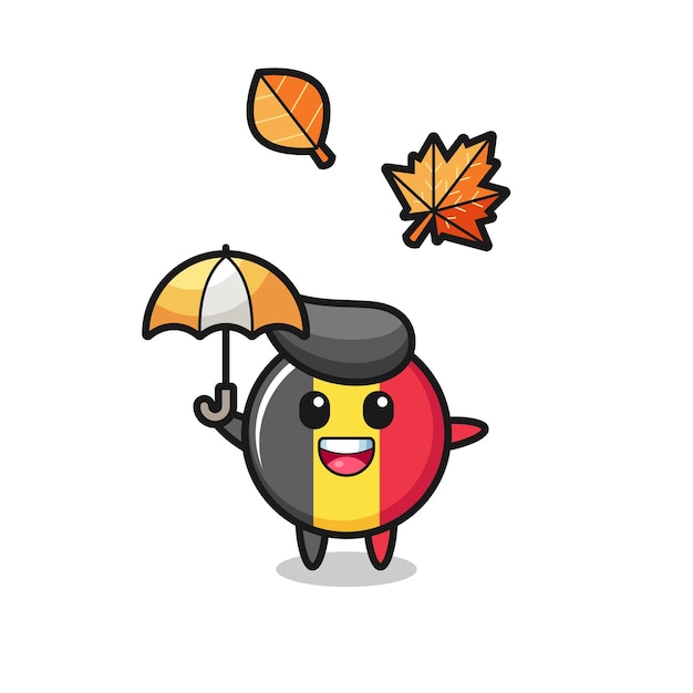 Cartone animato del simpatico distintivo della bandiera del belgio che tiene un ombrello in autunno