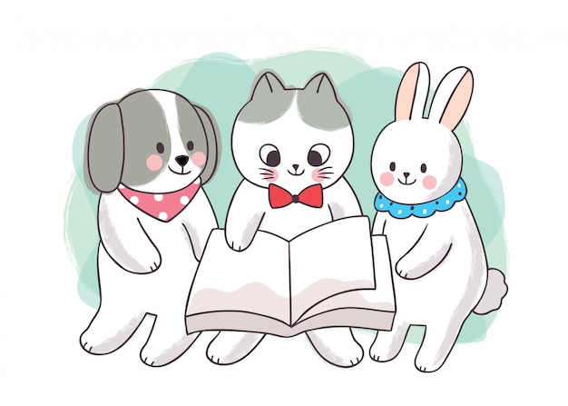 Cartoon cute  book day, Adorable cat and dog and rabbit reading book .