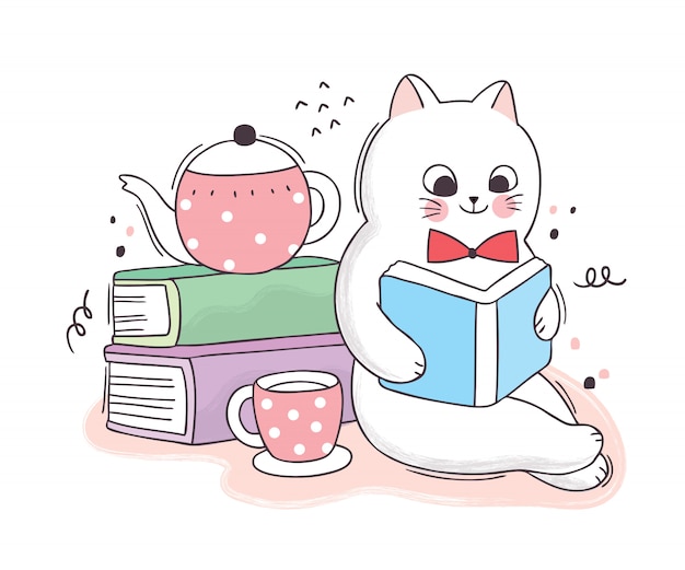 Cartoon cute  book day, Cat reading books and coffee cup