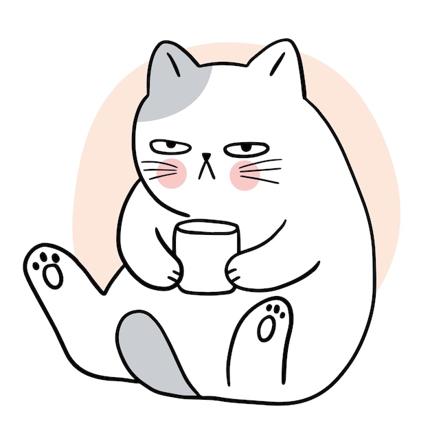 Cartoon cute boring cat drink coffee vector.