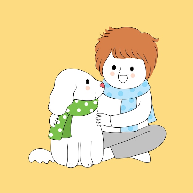 漫画かわいい少年と犬のベクトル。