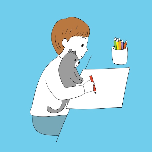 Cartoon cute boy and cat writing vector.