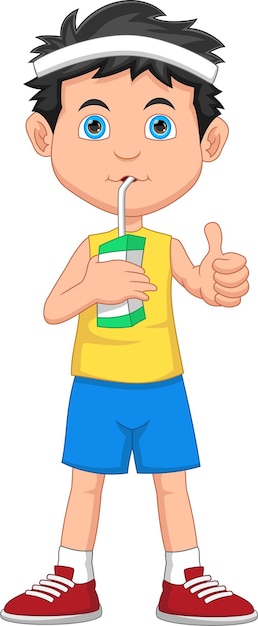 Cartoon cute boy drinking and giving thumbs up