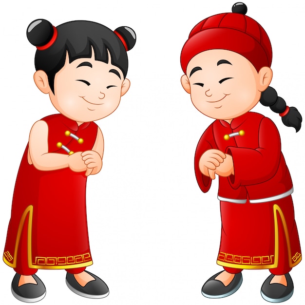 Мультяшный милый мальчик и девочка в китайском костюме