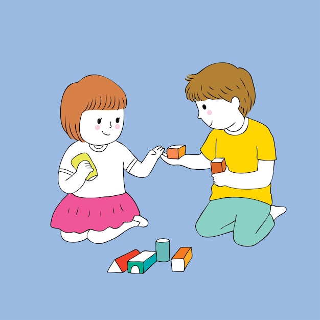 Cartoon cute boy and girl playing vector.