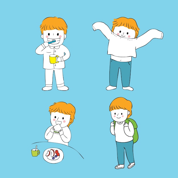 Cartoon cute boy in morning vector.