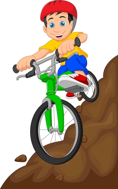 Cartoon cute boy mountain biking on white 