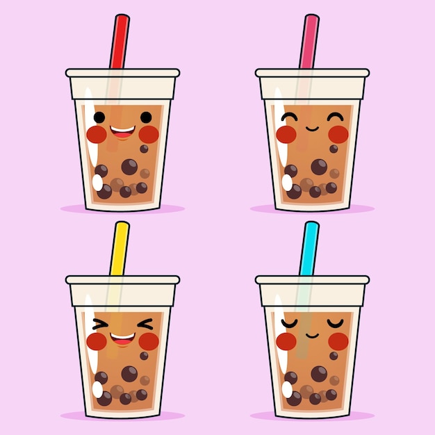 Cartoon cute bubble tea or pearl tea emoticon avatar face positive emotions set