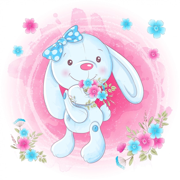 Cartoon cute bunny girl with flowers.