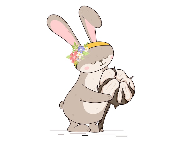 Cartoon Cute Bunny holding a Twig with a cotton boll Vector isolated Flat Hare with a rim of flowers