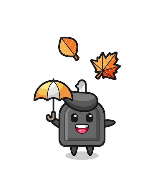 Cartoon of the cute car key holding an umbrella in autumn